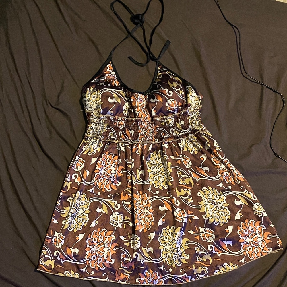 Halter Floral Mini Dress in Brown, Orange & Cream dress top ?